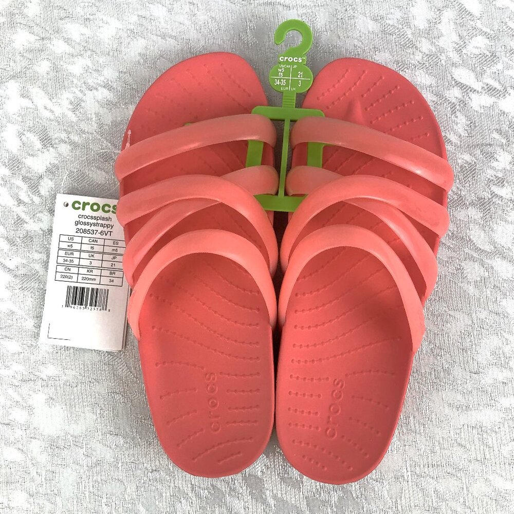 Crocs Splash Glossy Strappy Neon Watermelon Women’s Slip-On Sandals Size 5 NWT